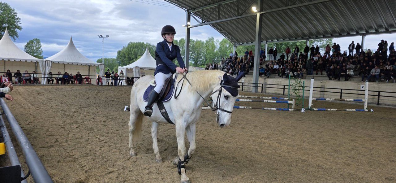 Jinete en un caballo blanco durante una exhibición de saltos en Camponaraya