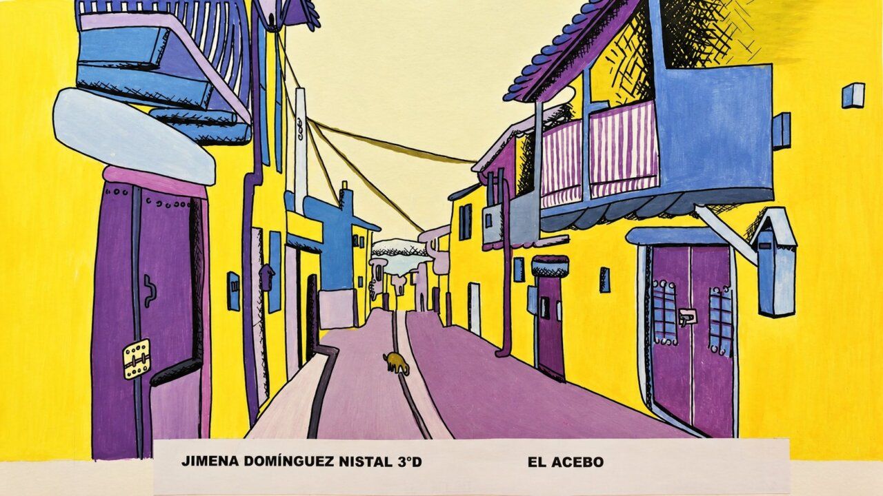 Pintura colorida de una calle en El Acebo de San Miguel