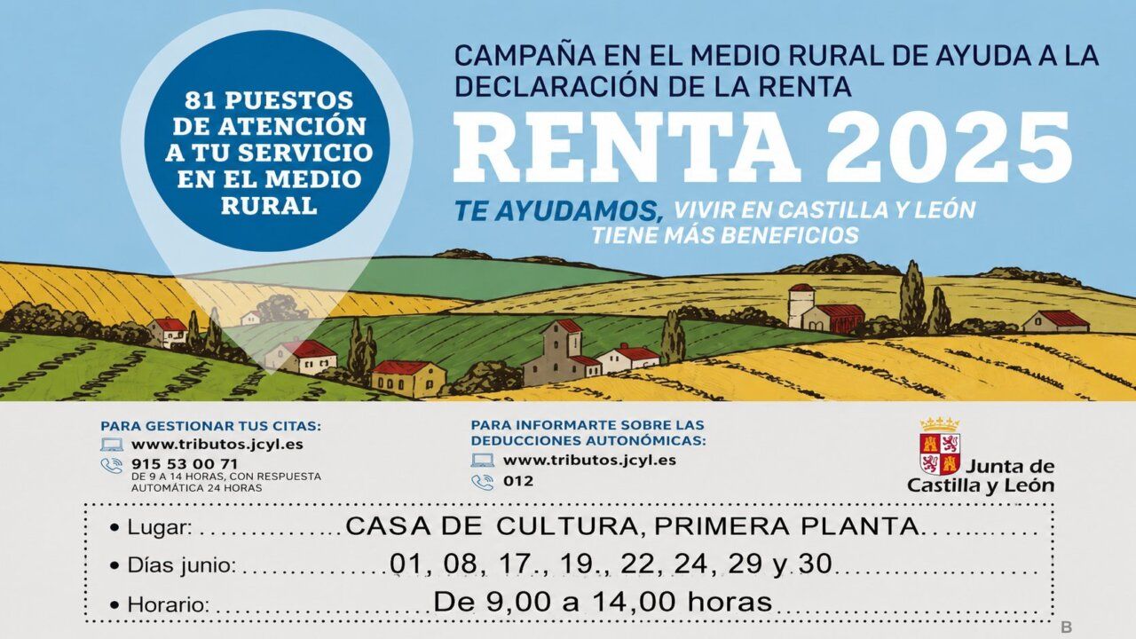Cartel informativo sobre ayudas para la declaración de la renta en Fabero.
