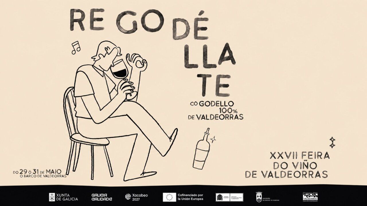 Cartel de la Feria del Vino de Valdeorras 2026 con ilustración de una persona bebiendo vino.