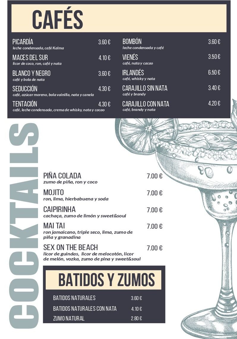Carta de la Galería con opciones de tapas y cócteles variados