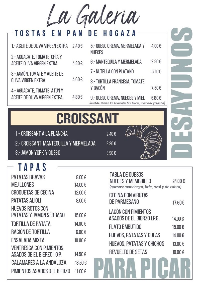 Carta de menú de La Galería con opciones de tostas y tapas