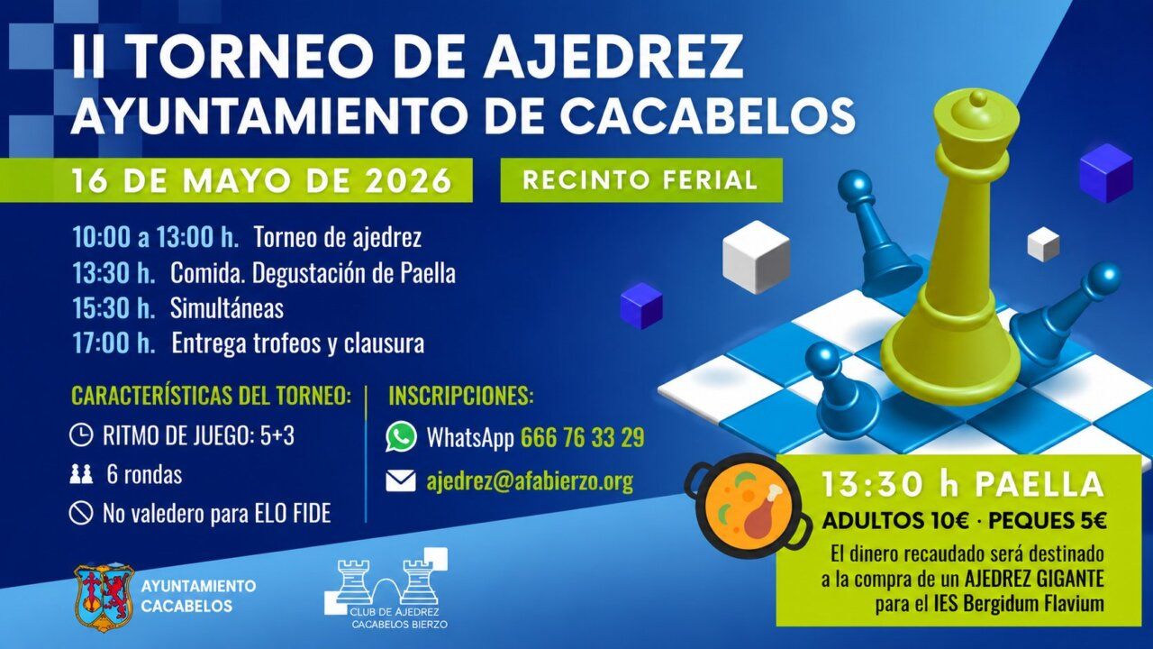 Cartel del II Torneo de Ajedrez Ayuntamiento de Cacabelos con detalles del evento