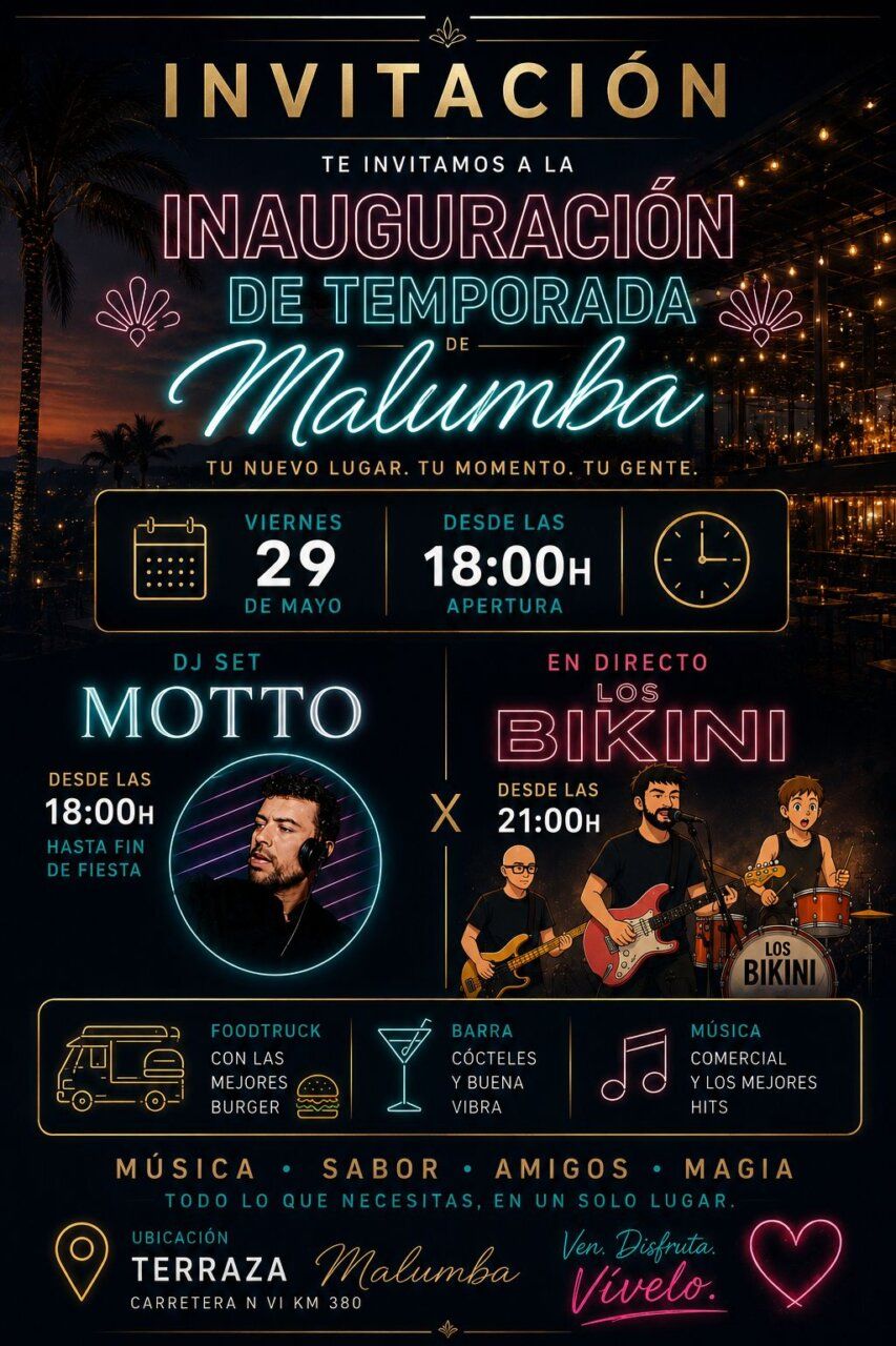 Invitación a la inauguración de la terraza Malumba con música y gastronomía