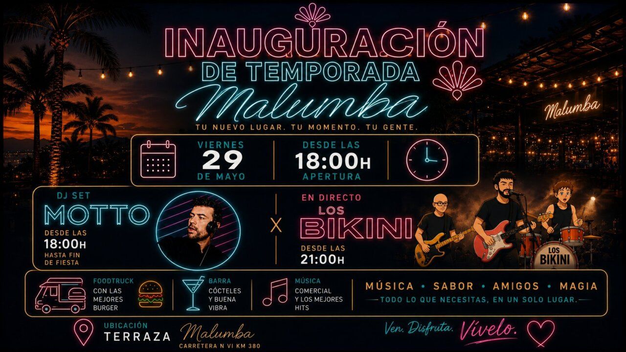 Cartel de inauguración de la terraza Malumba con música y DJ Set