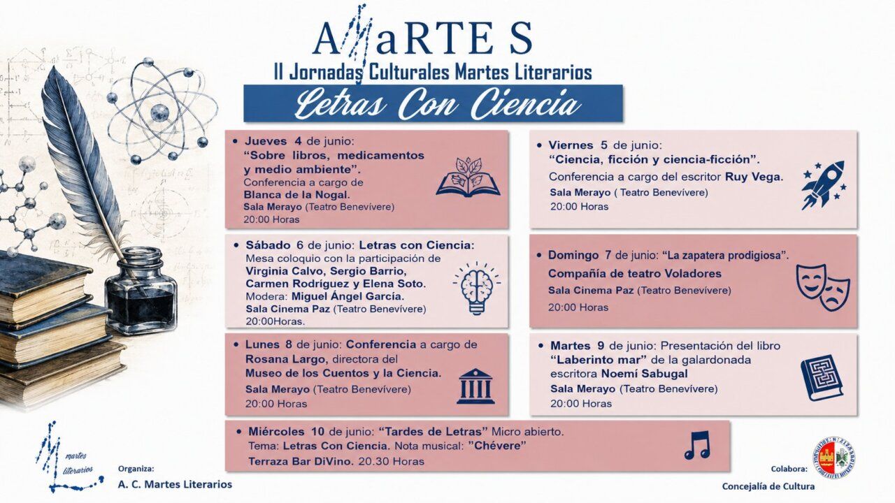 Cartel de las II Jornadas Culturales AMArtes con actividades literarias y científicas