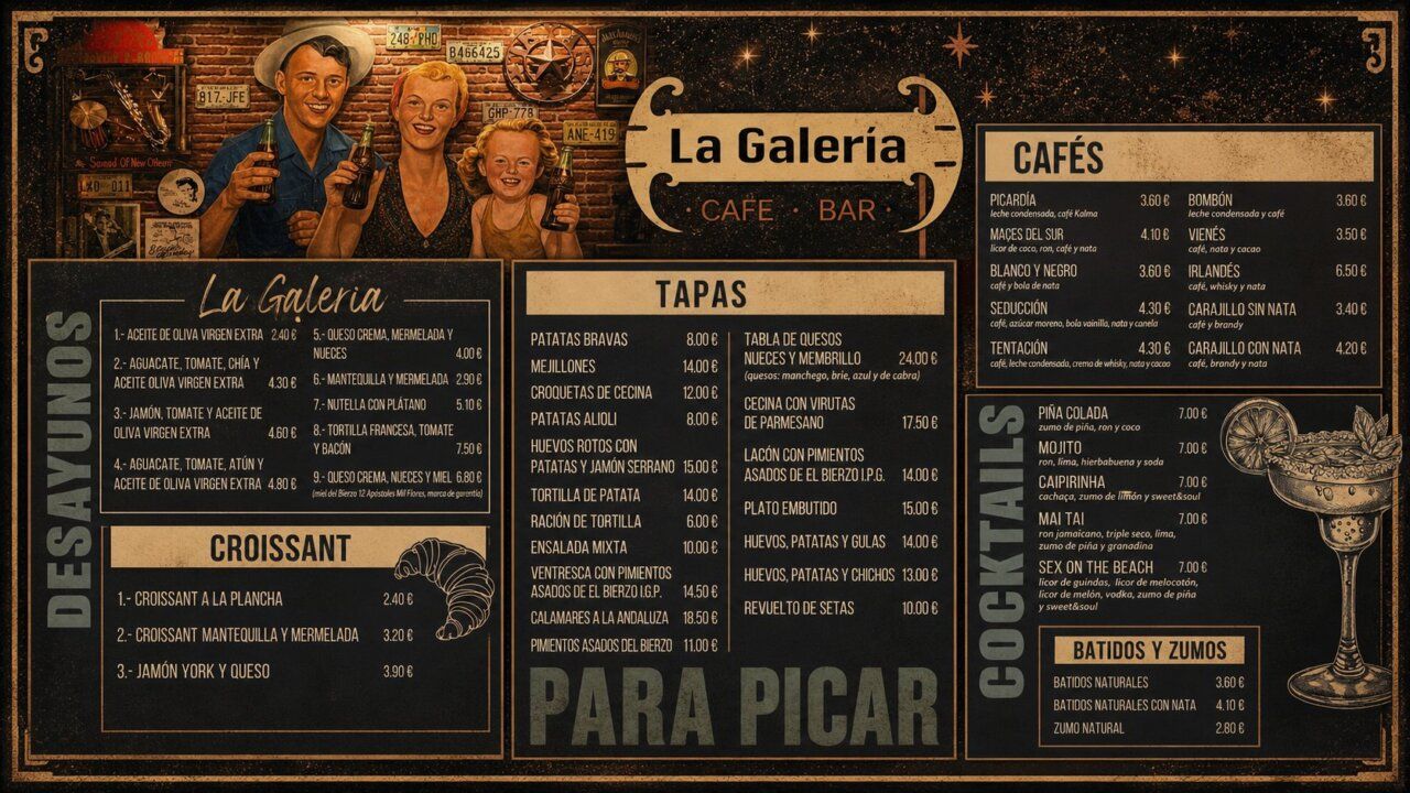 Menú de La Galería con opciones de desayunos, tapas y cócteles