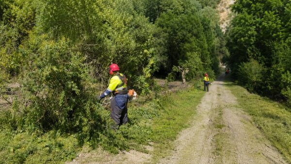 Trabajadores realizando labores de limpieza en un espacio público en Arganza