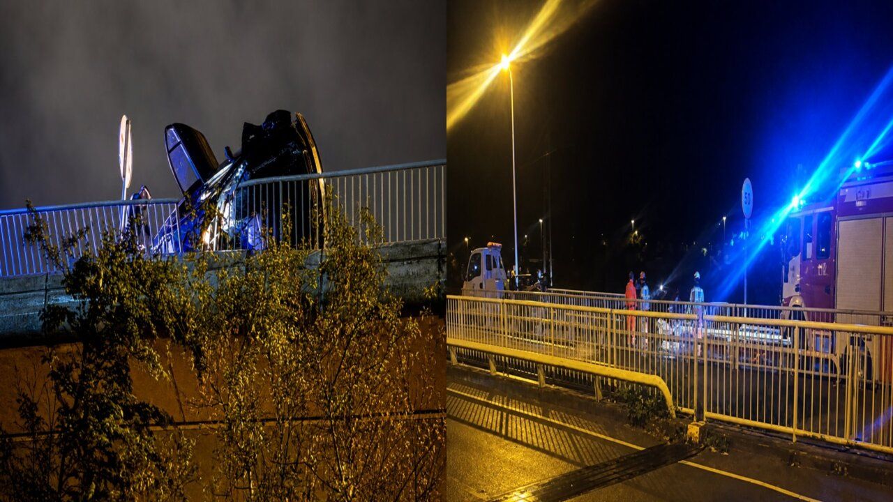 Coche volcado en el Puente del Centenario de Ponferrada tras un accidente