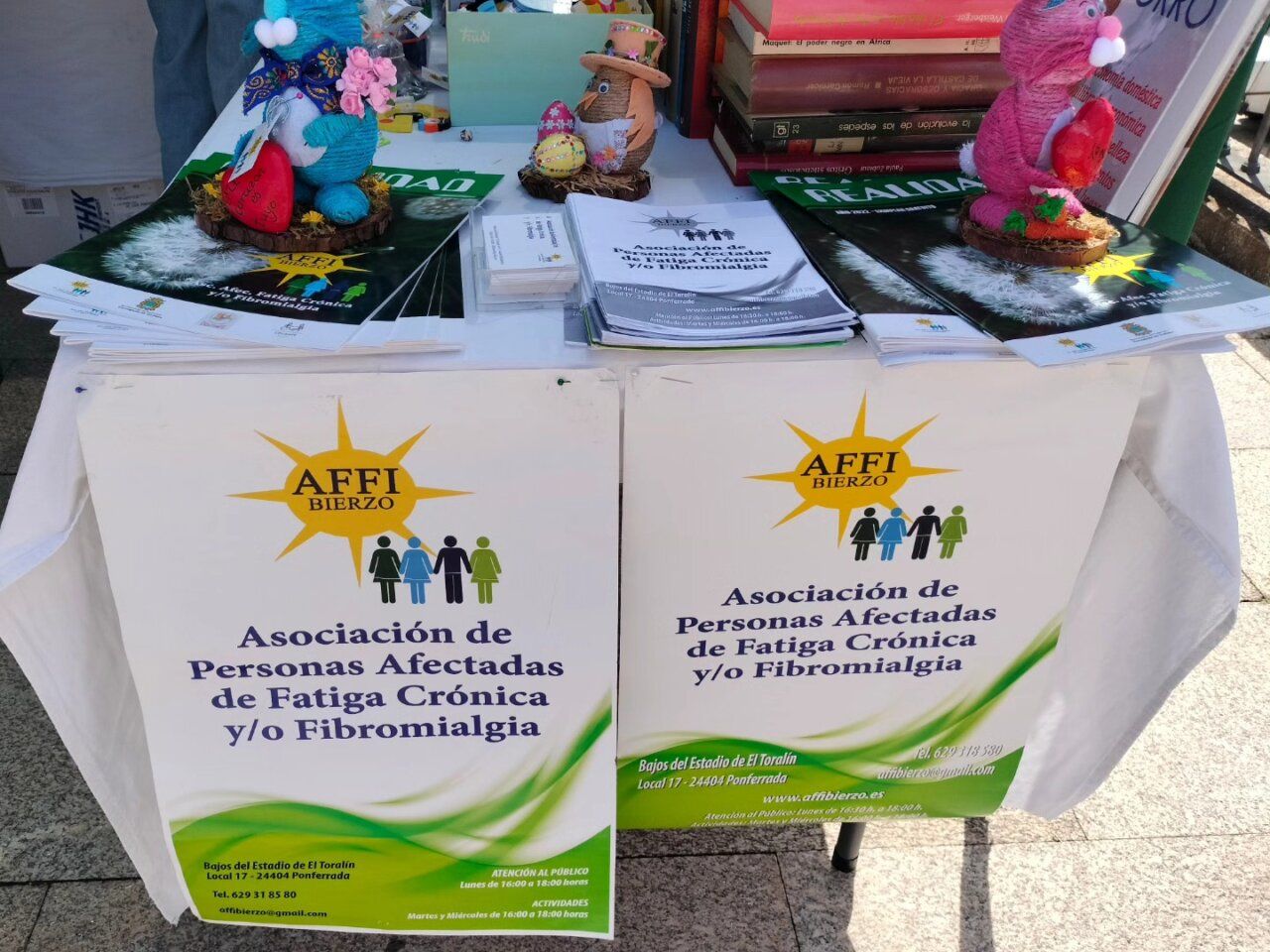 Mesa informativa de AFFI Bierzo con materiales sobre fatiga crónica y fibromialgia.