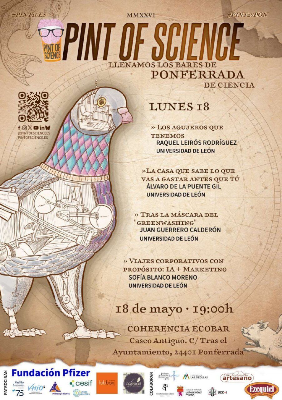 Cartel del festival Pint of Science en Ponferrada con detalles de ponencias