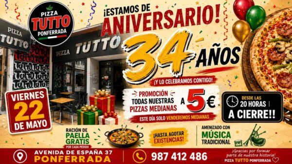 Cartel de aniversario de Pizza Tutto con promociones especiales