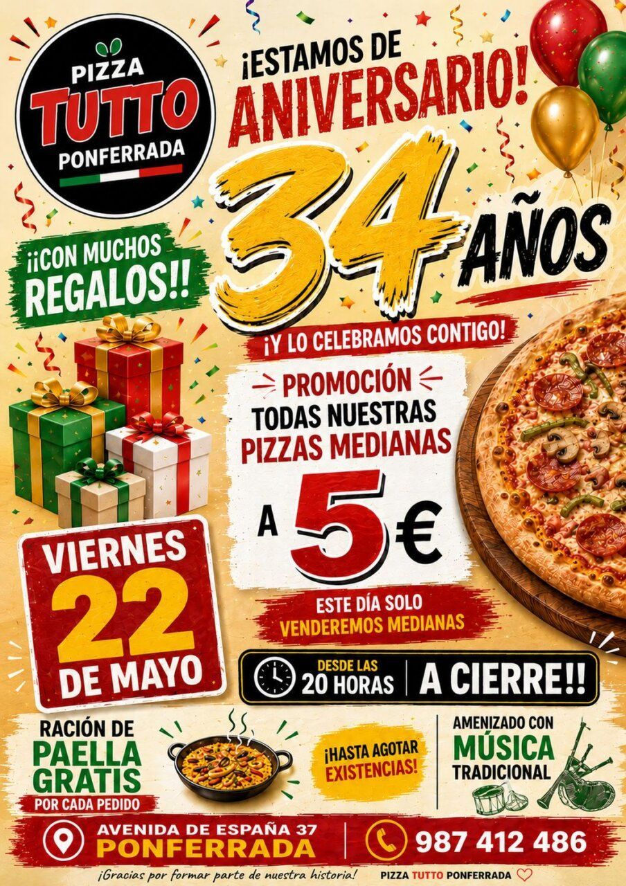 Cartel de aniversario de Pizza Tutto con promociones y pizza