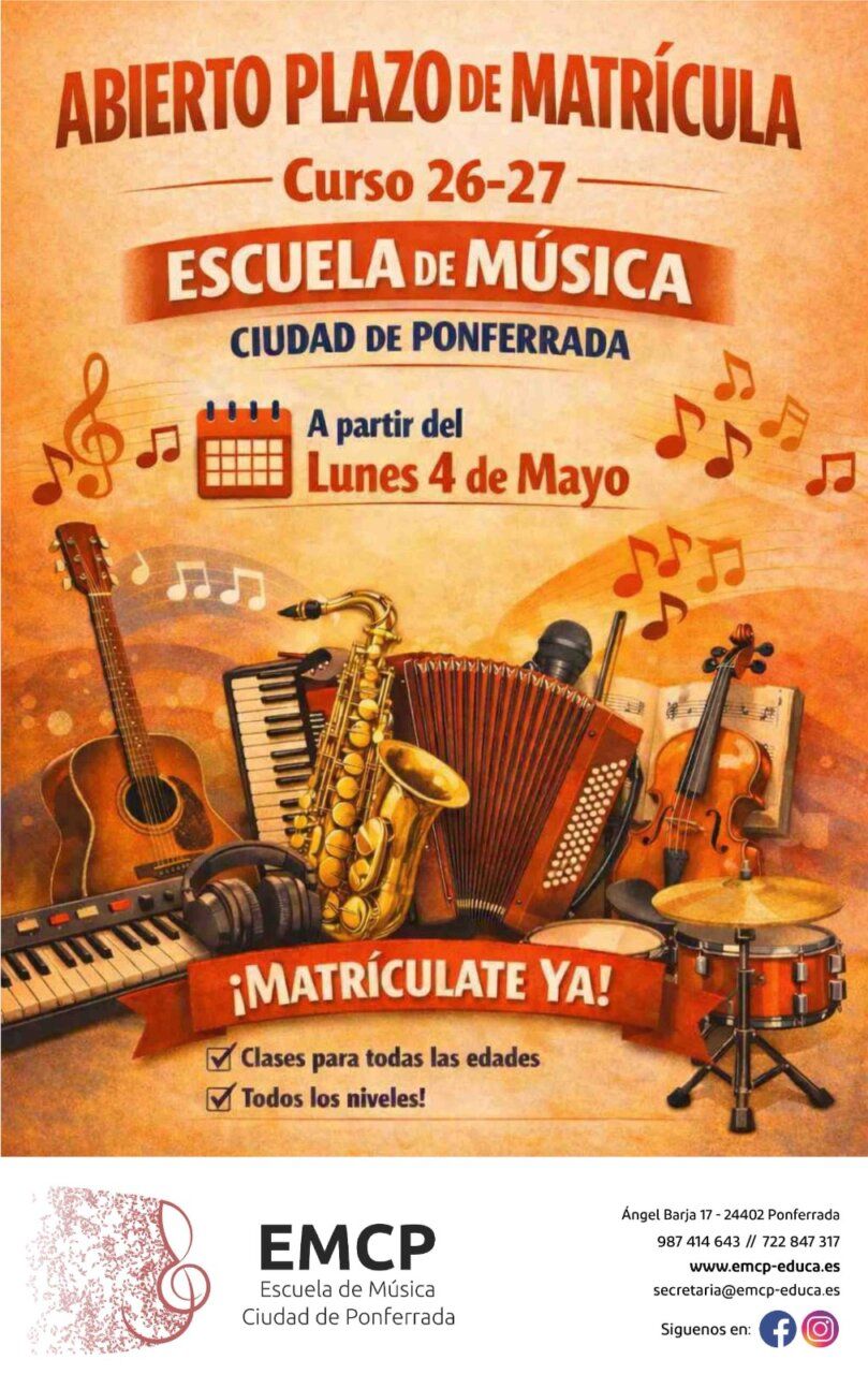 Cartel anunciando el plazo de matrícula para la Escuela de Música Ciudad de Ponferrada