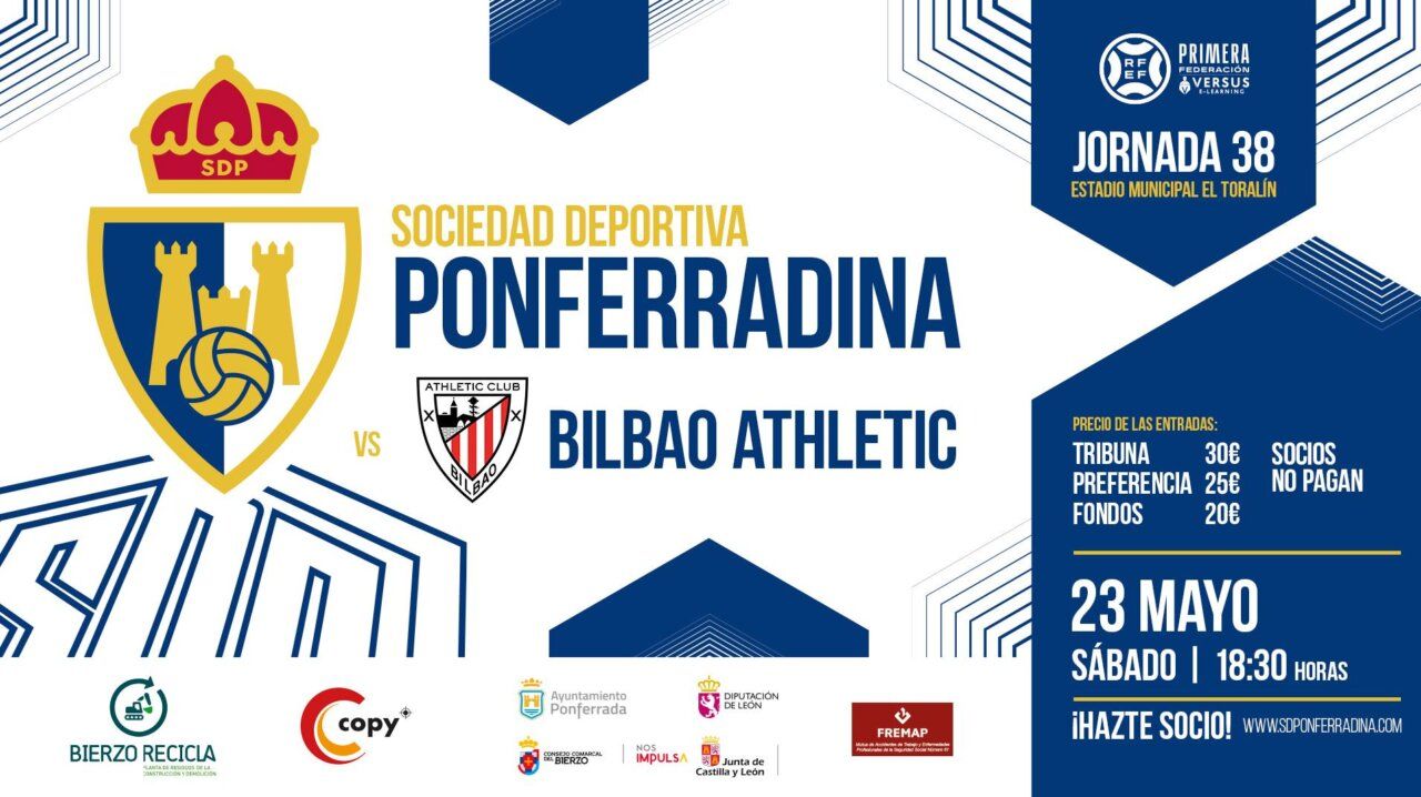 Cartel del partido entre Ponferradina y Bilbao Athletic en El Toralín