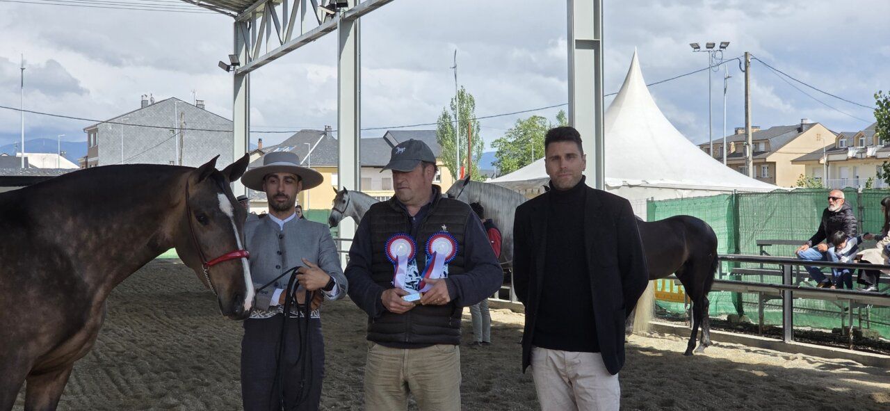 Tres hombres posando con un caballo y trofeos en un evento ecuestre