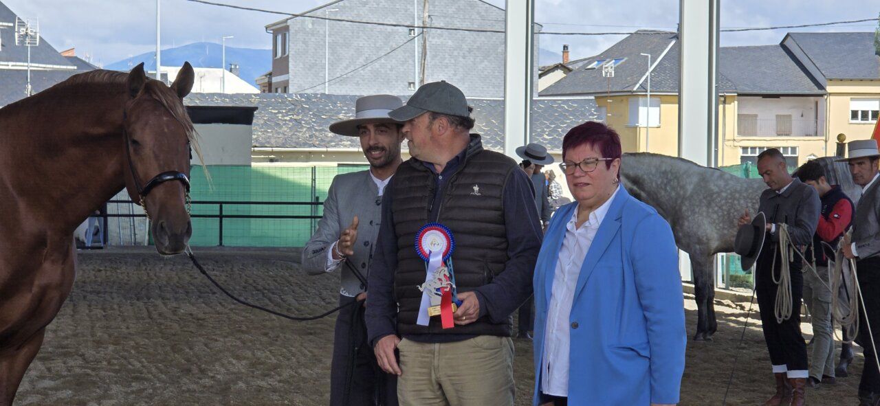 Entrega de premios en un evento ecuestre con un caballo y participantes