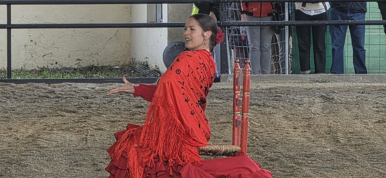 Mujer bailando con vestido rojo en un evento cultural
