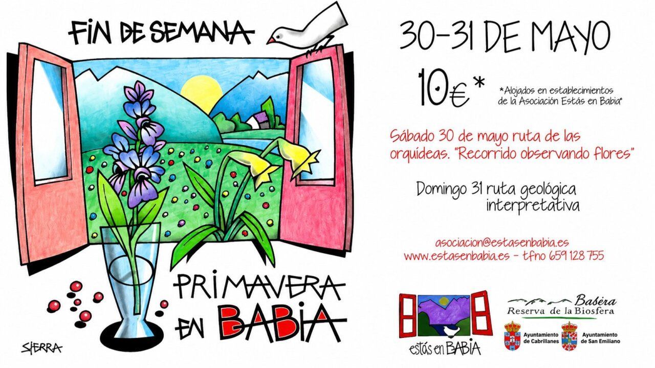 Cartel de evento sobre primavera en Babia con flores y montañas