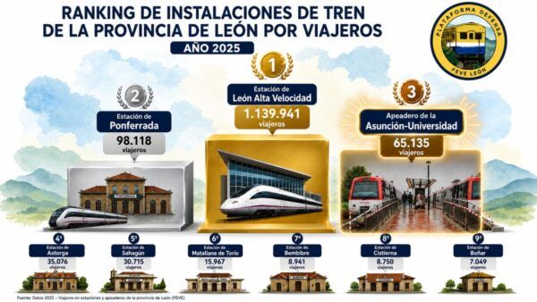 Ranking de instalaciones de tren en León por viajeros en 2025