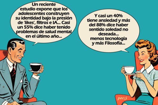 Ilustración de dos personas conversando sobre salud mental y tecnología
