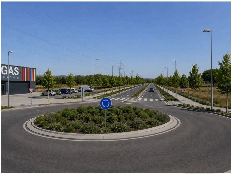 Vista de la Ronda Interior Norte en Ponferrada con árboles y señalización