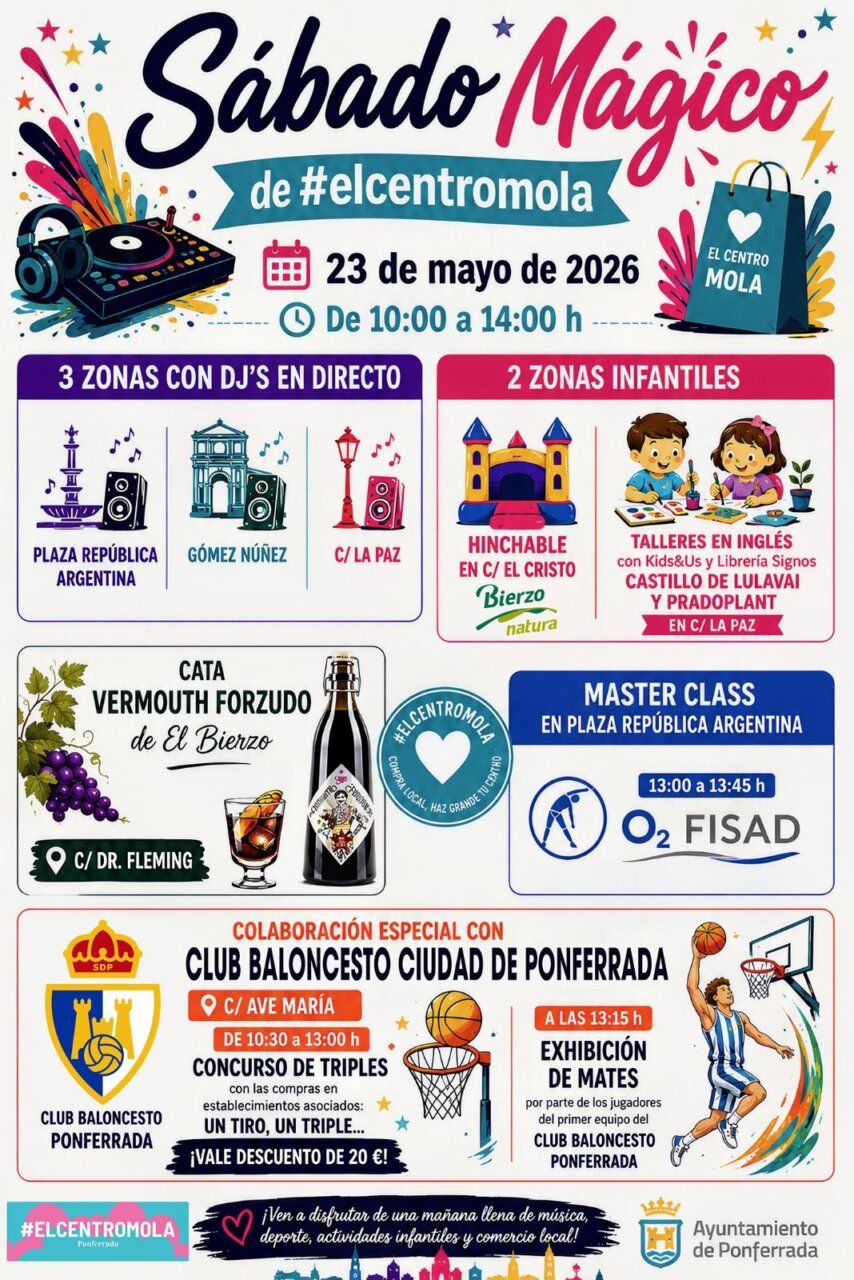 Cartel del evento Sábado Mágico con actividades y horarios