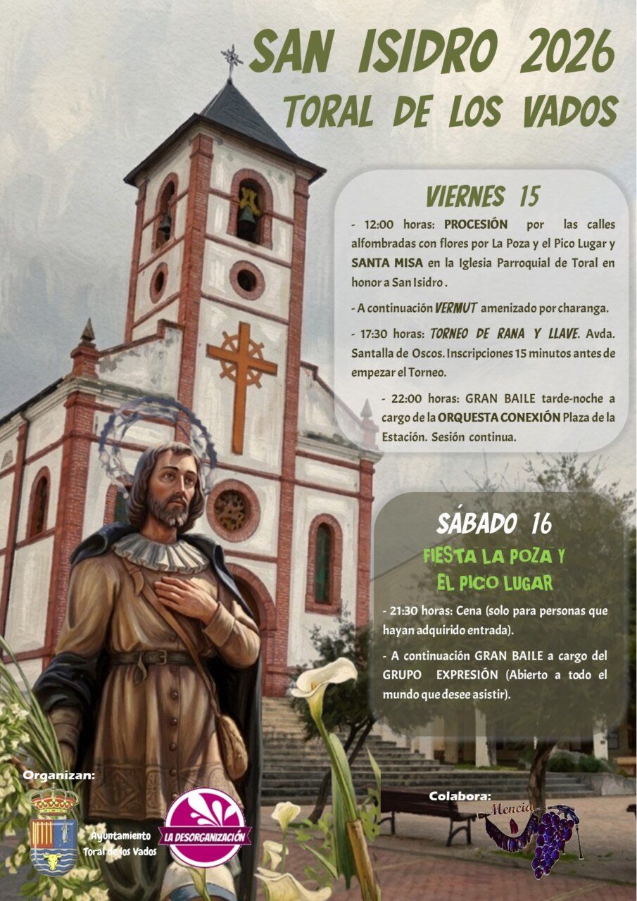 Cartel de las fiestas de San Isidro en Toral de los Vados con actividades y horarios