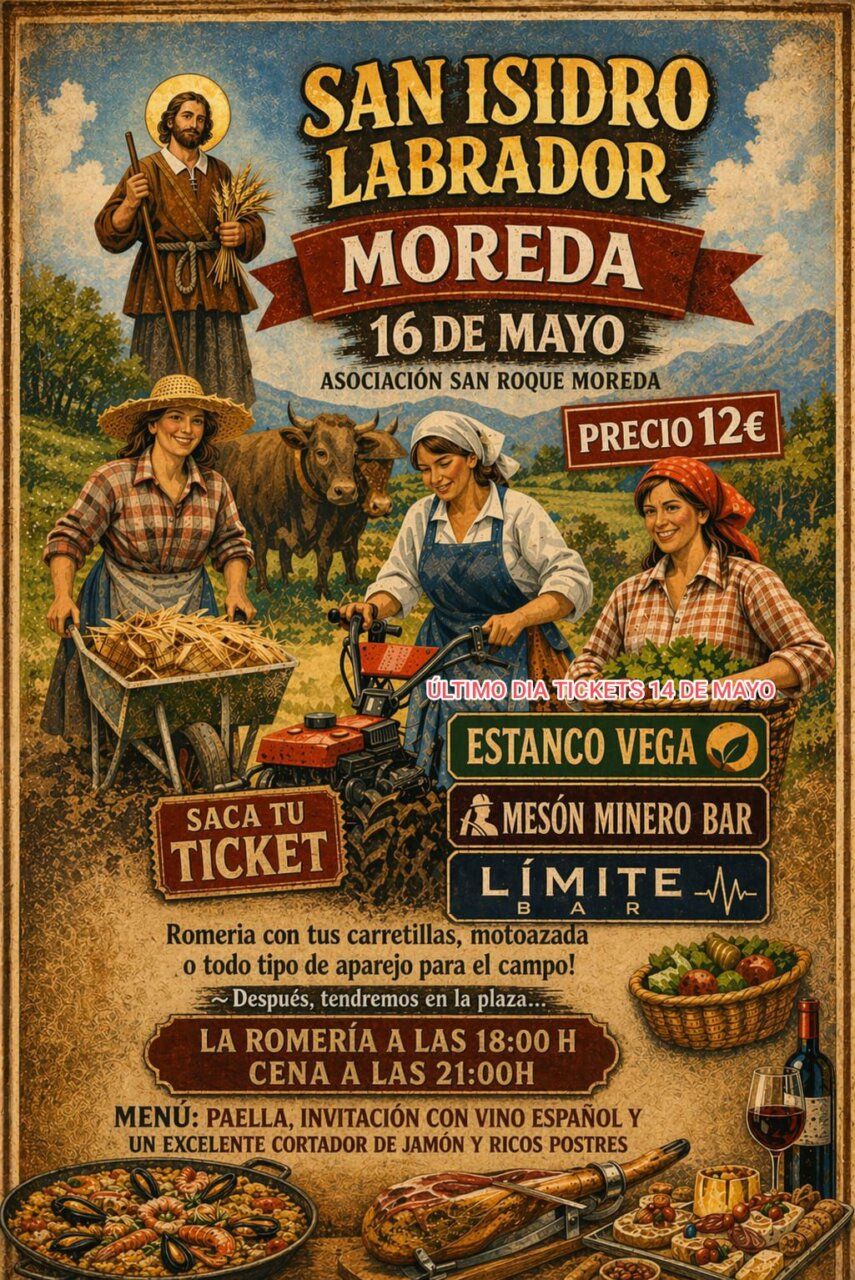 Cartel de la romería de San Isidro Labrador en Moreda con detalles de actividades