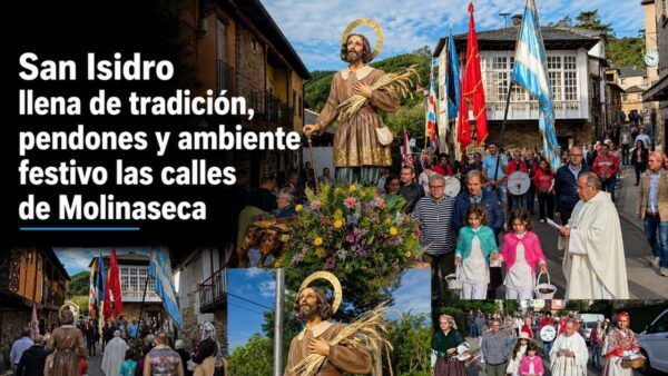 Celebración de San Isidro en las calles de Molinaseca con pendones y devotos.
