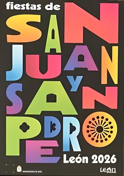 Cartel colorido de las fiestas de San Juan y San Pedro en León 2026