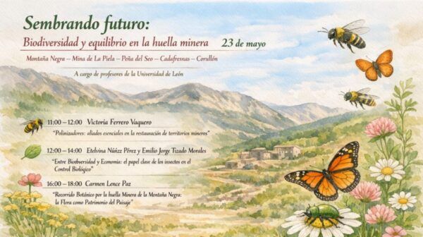 Cartel de la jornada sobre biodiversidad en Corullón con polinizadores y paisaje
