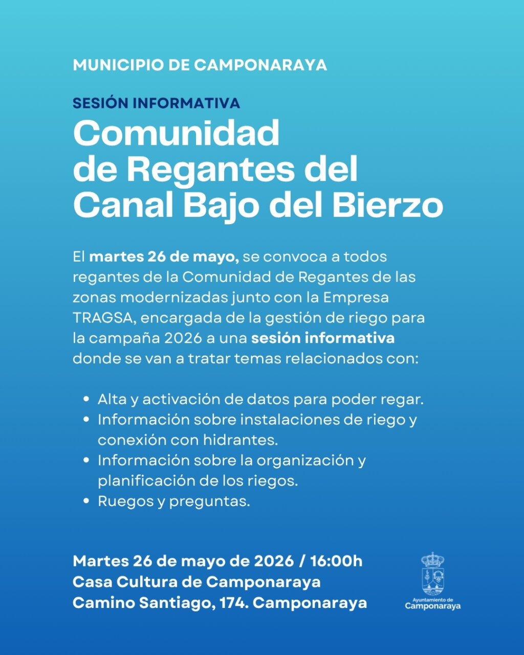 Cartel informativo sobre la sesión de regantes en Camponaraya.