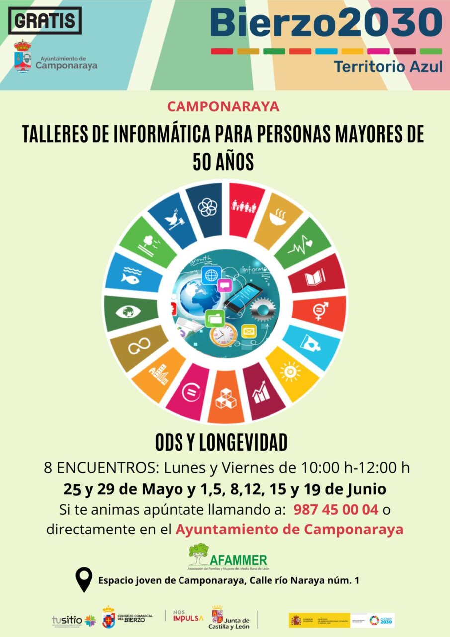 Cartel de talleres de informática para mayores de 50 años en Camponaraya
