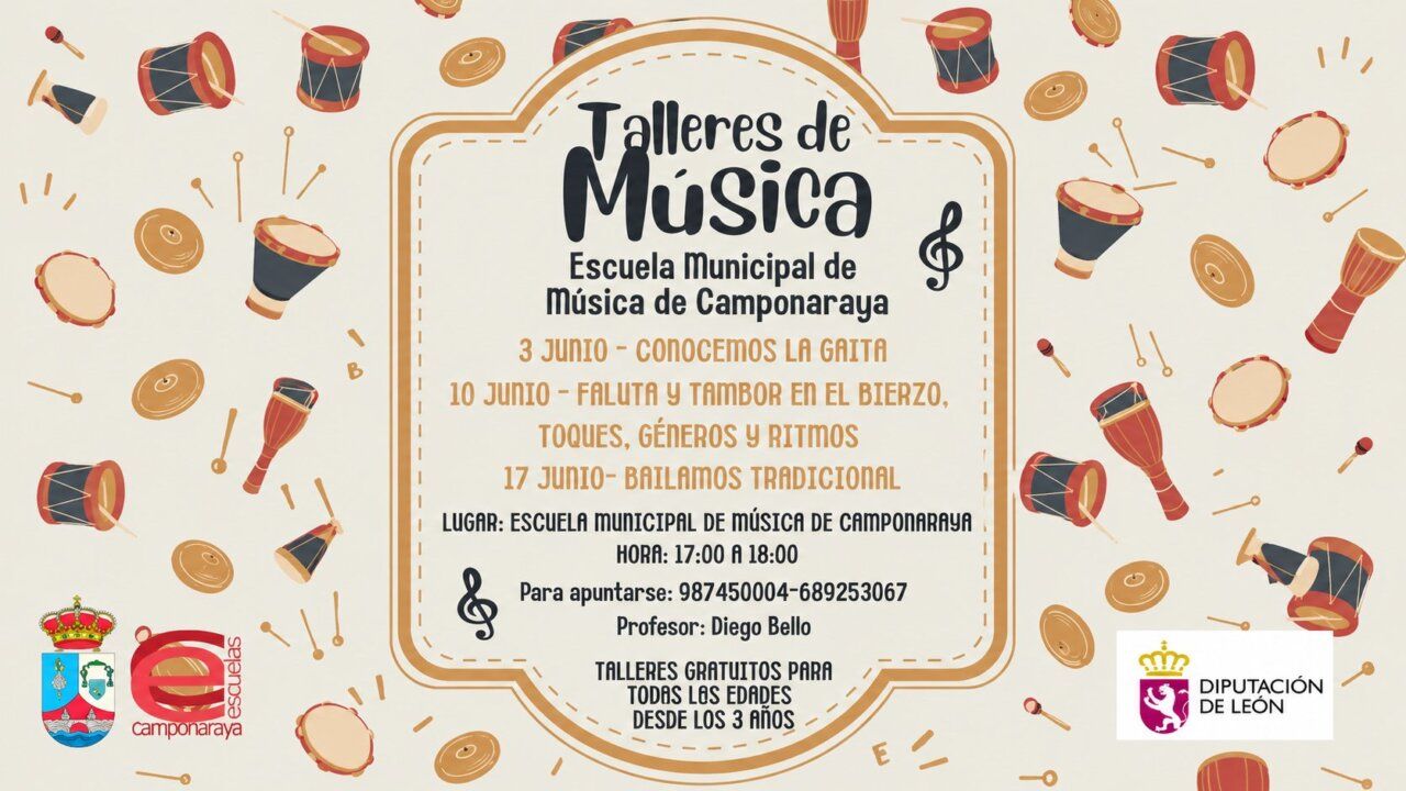 Cartel de talleres de música en la Escuela Municipal de Música de Camponaraya