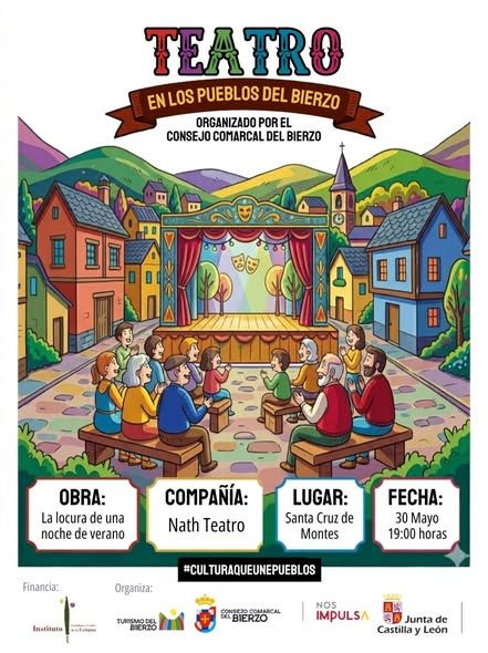 Cartel del teatro en los pueblos del Bierzo con ilustración colorida