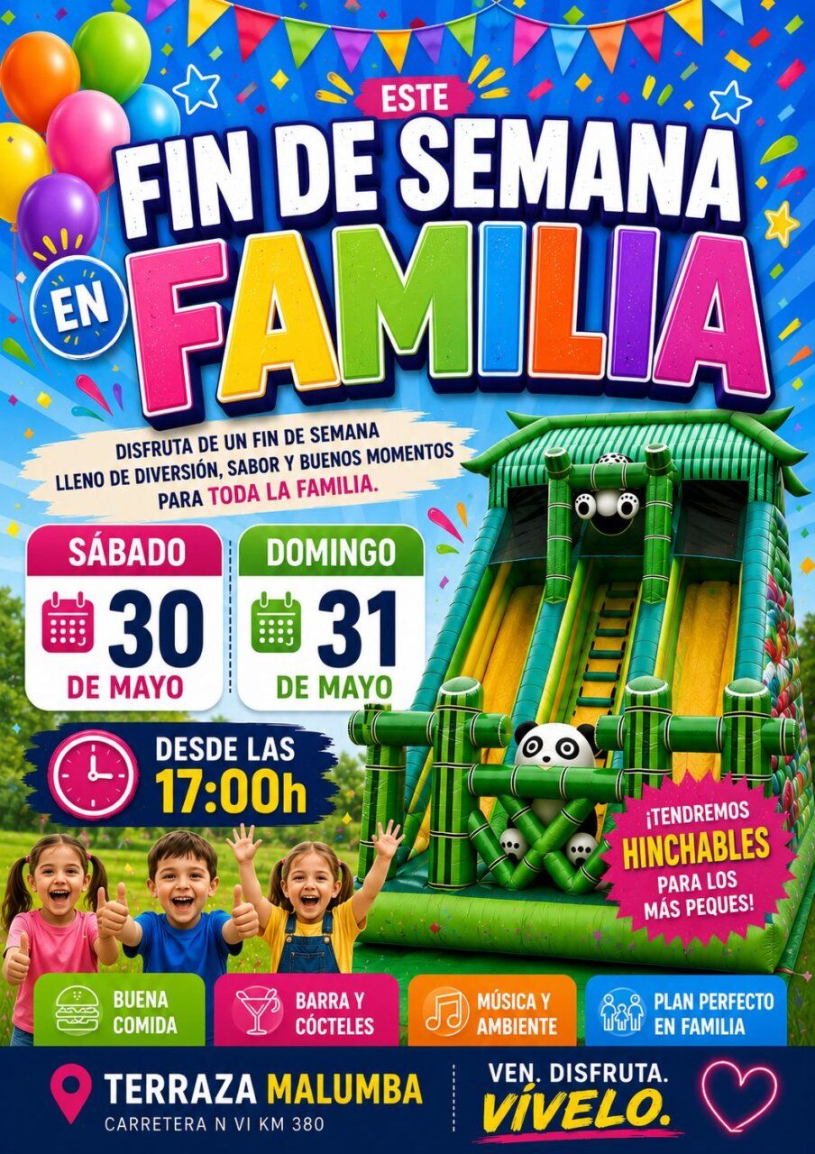 Cartel de inauguración de la terraza Malumba con actividades familiares