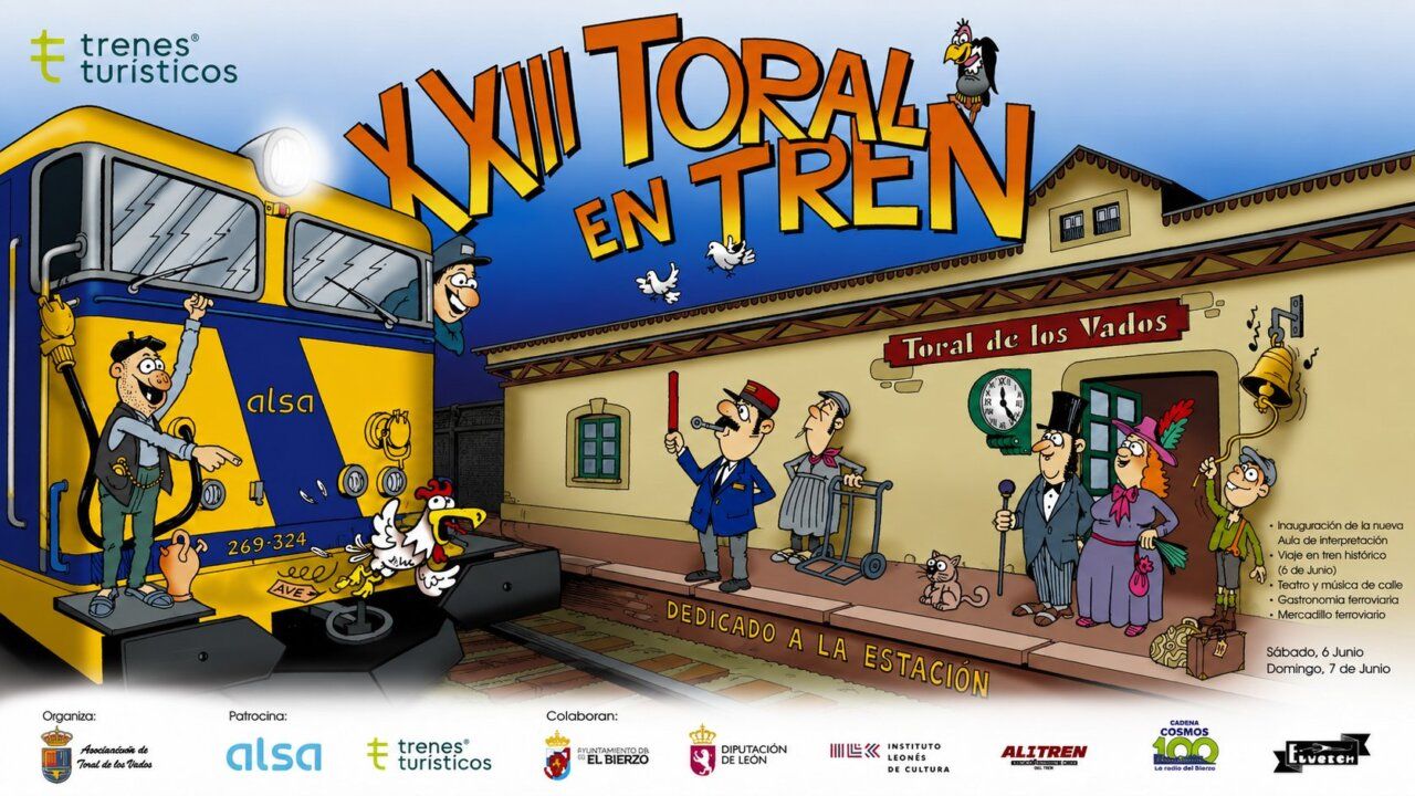 Cartel oficial del evento Toral en Tren 2026 con ilustraciones coloridas.