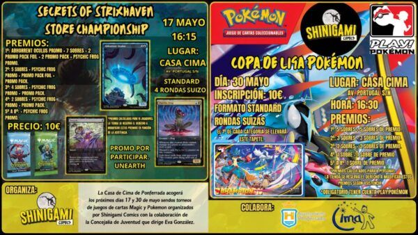 Cartel de torneos de Magic y Pokémon en La Casa de Cima de Ponferrada.