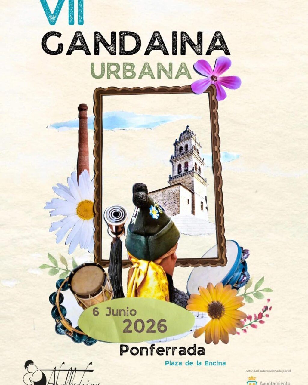 Cartel de la VII Gandaina Urbana en Ponferrada con instrumentos tradicionales