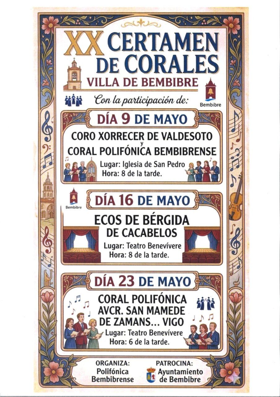 Cartel del XX Certamen de Corales en Bembibre con fechas y participantes.