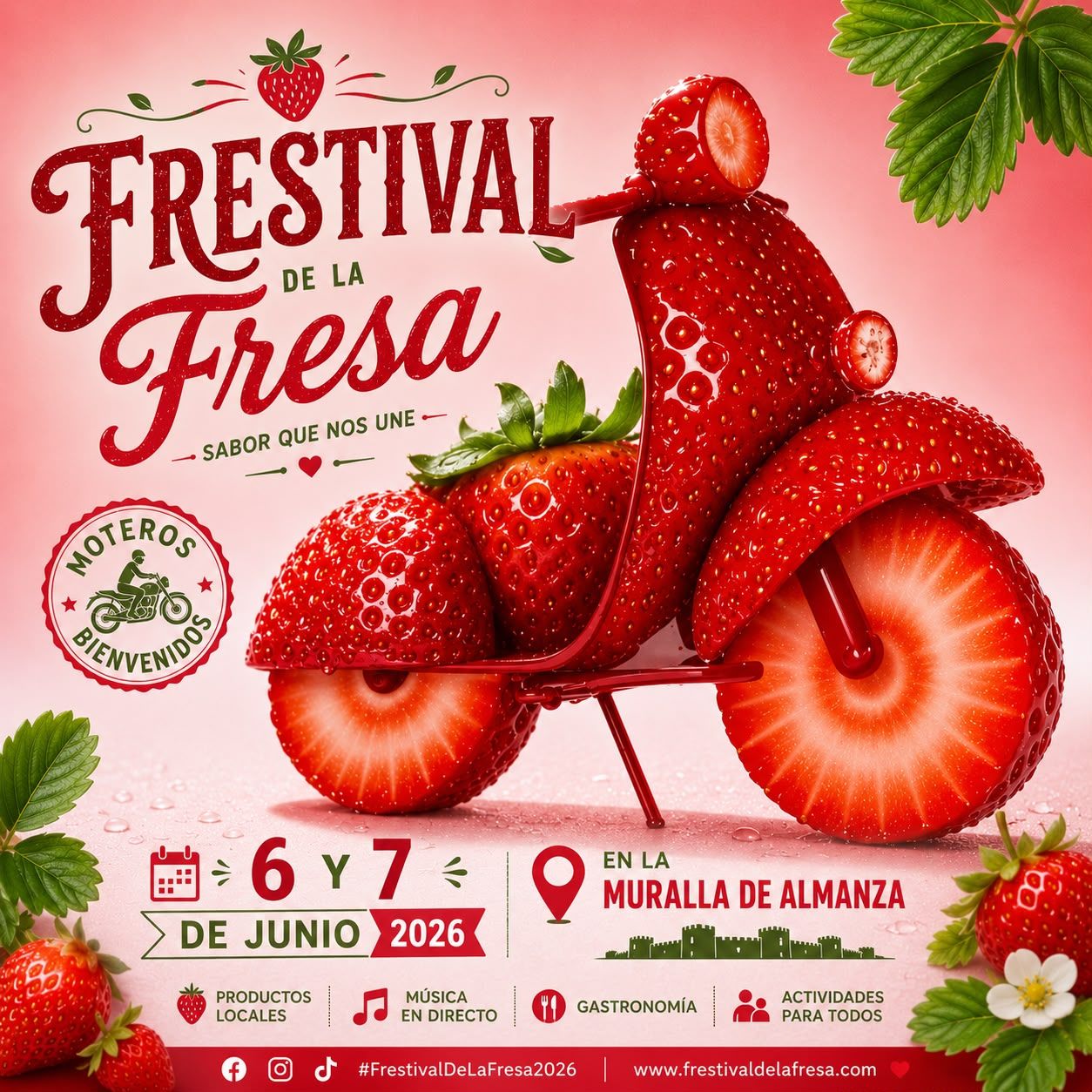 Cartel del Festival de la Fresa en Almanza con fresas y una moto decorada.