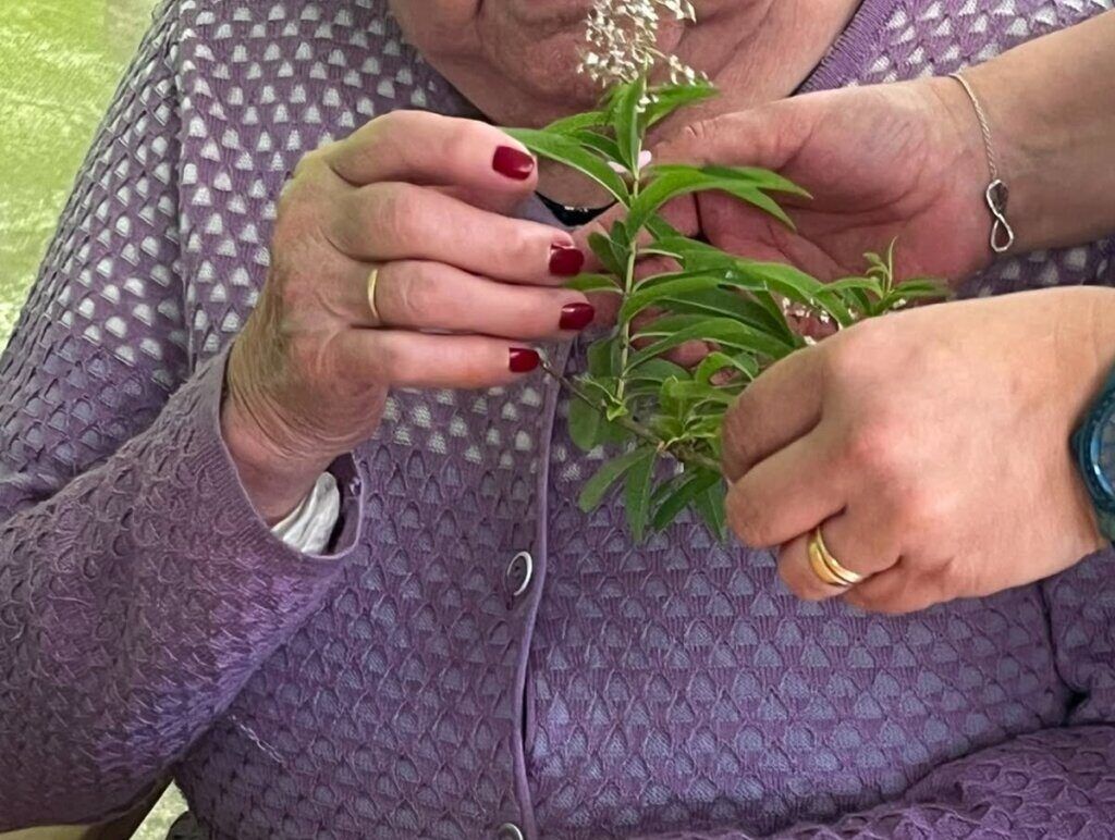 Participante sosteniendo una planta aromática en el Centro de Día de Camponaraya