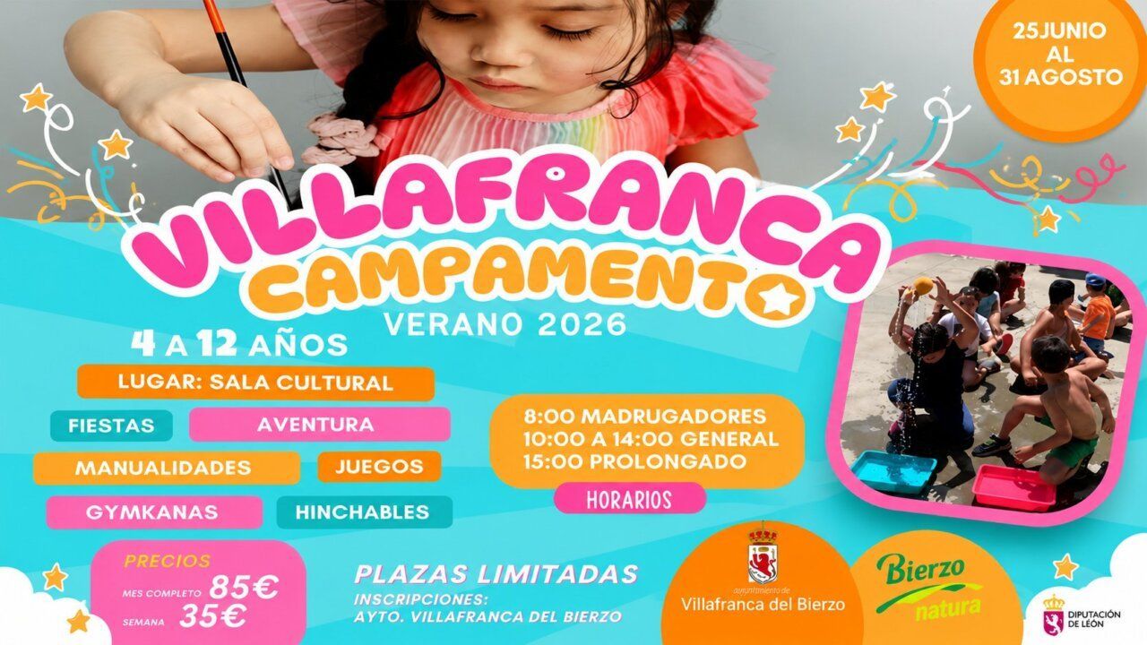 Cartel del campamento de verano en Villafranca del Bierzo para niños de 4 a 12 años