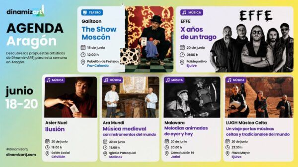Cartel de la agenda cultural de Dinamiz-ARTj en Aragón con eventos de música y teatro.