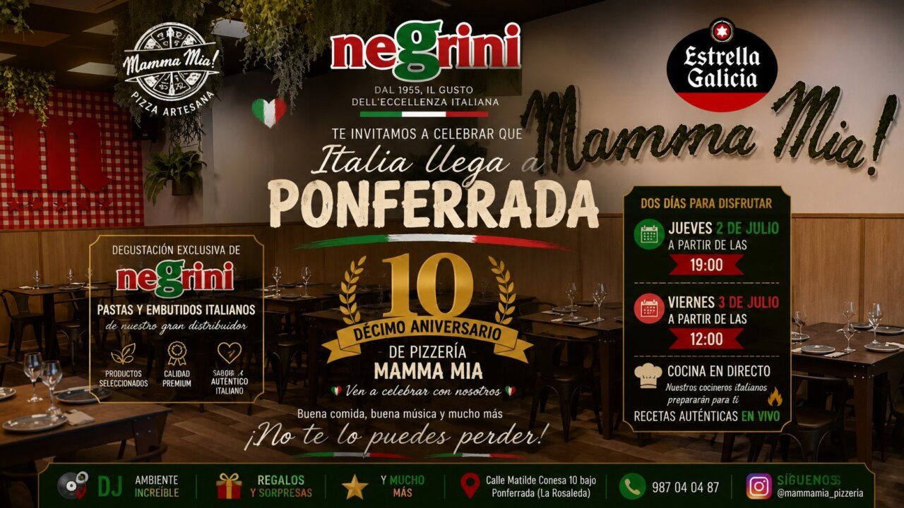 Cartel del 10º aniversario de la pizzería Mamma Mia en Ponferrada