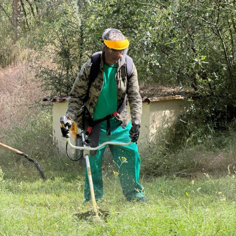 Persona cuidando un espacio verde con una desbrozadora en un entorno natural