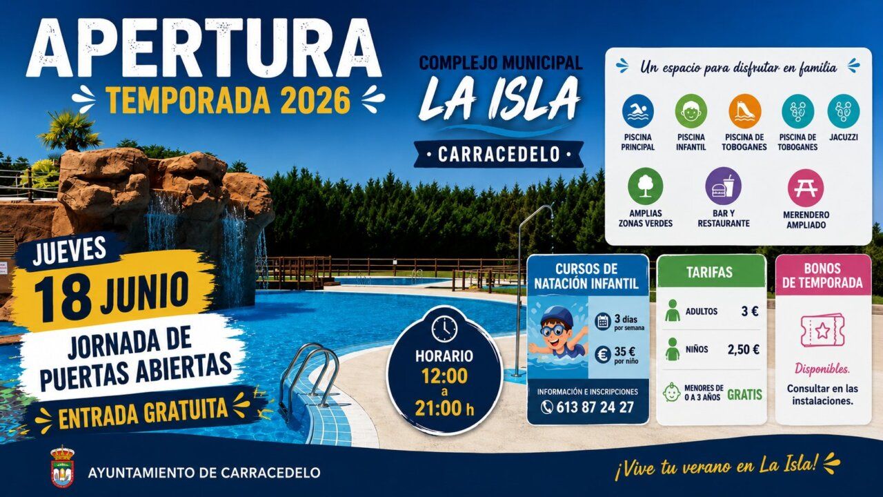 Piscina y áreas recreativas del Complejo Municipal La Isla en Carracedelo