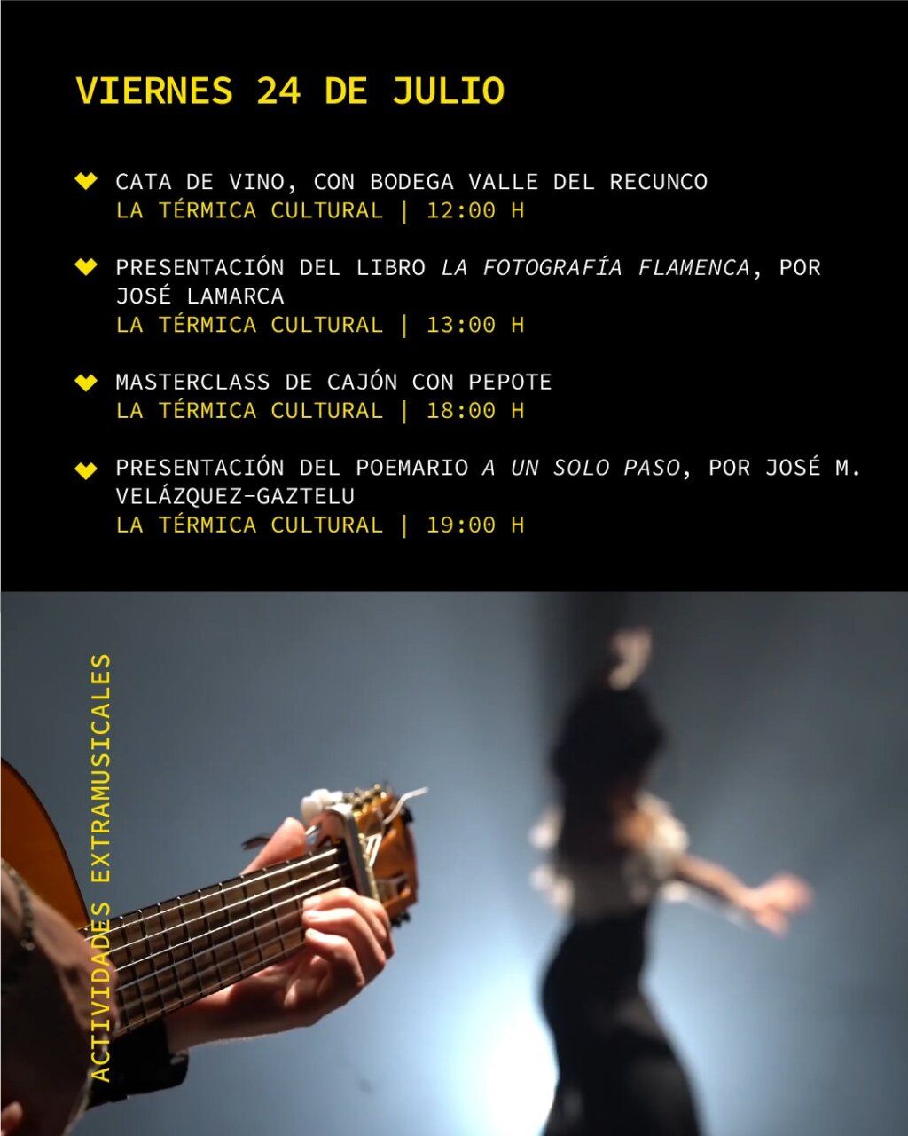 Guitarrista tocando mientras bailarina flamenca actúa en el fondo
