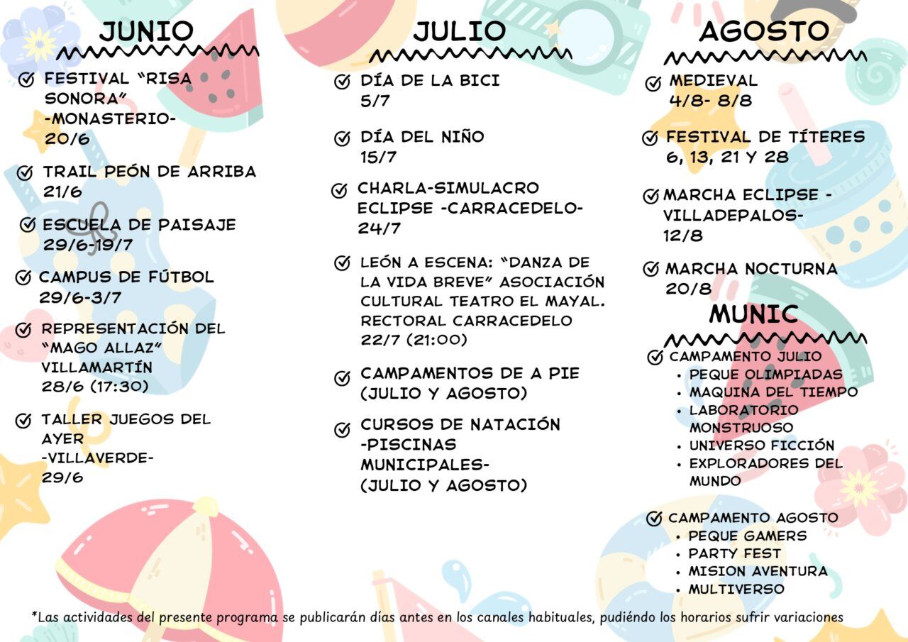 Programa de actividades de verano 2026 en Carracedelo con eventos culturales y deportivos.